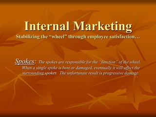 Internal MarketingStabilizing the “wheel” through employee satisfaction…Spokes: The spokes are responsible for the “function” of the wheel.  When a single spoke is bent or damaged, eventually it will affect the surrounding spokes.  The unfortunate result is progressive damage.