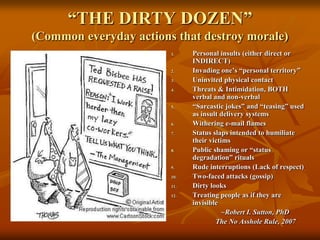 “THE DIRTY DOZEN”(Common everyday actions that destroy morale)Personal insults (either direct or INDIRECT)Invading one’s “personal territory”Uninvited physical contactThreats & Intimidation, BOTH verbal and non-verbal“Sarcastic jokes” and “teasing” used as insult delivery systemsWithering e-mail flamesStatus slaps intended to humiliate their victimsPublic shaming or “status degradation” ritualsRude interruptions (Lack of respect)Two-faced attacks (gossip)Dirty looksTreating people as if they are invisible          ~Robert I. Sutton, PhD           		       The No Asshole Rule, 2007