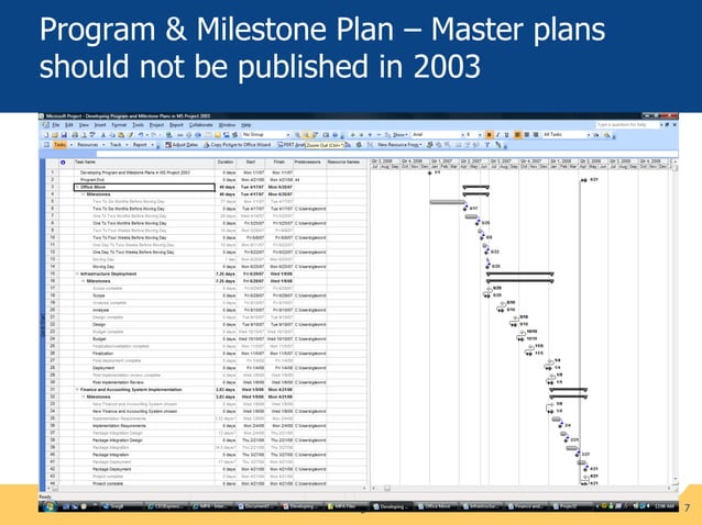 Developing Program and Milestone Plans in MS Project 2003 and 2007 | PPT