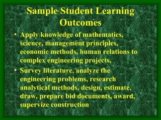 Sample Student Learning
Outcomes
• Apply knowledge of mathematics,
science, management principles,
economic methods, human relations to
complex engineering projects,
• Survey literature, analyze the
engineering problems, research
analytical methods, design, estimate,
draw, prepare bid documents, award,
supervize construction
 