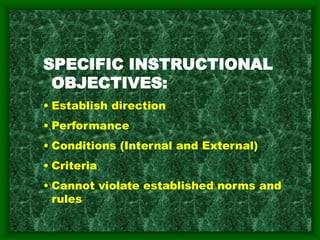 SPECIFIC INSTRUCTIONAL
OBJECTIVES:
• Establish direction
• Performance
• Conditions (Internal and External)
• Criteria
• Cannot violate established norms and
rules
 