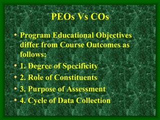 PEOs Vs COs
• Program Educational Objectives
differ from Course Outcomes as
follows:
• 1. Degree of Specificity
• 2. Role of Constituents
• 3. Purpose of Assessment
• 4. Cycle of Data Collection
 