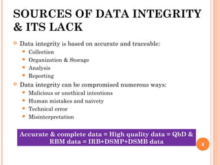 SOURCES OF DATA INTEGRITY
& ITS LACK
 Data integrity is based on accurate and traceable:
 Collection
 Organization & Storage
 Analysis
 Reporting
 Data integrity can be compromised numerous ways:
 Malicious or unethical intentions
 Human mistakes and naivety
 Technical error
 Misinterpretation
8
Accurate & complete data = High quality data = QbD &
RBM data = IRB+DSMP+DSMB data
 