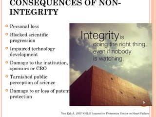 CONSEQUENCES OF NON-
INTEGRITY
 Personal loss
 Blocked scientific
progression
 Impaired technology
development
 Damage to the institution,
sponsors or CRO
 Tarnished public
perception of science
 Damage to or loss of patent
protection
9
Van Eyk J., JHU NHLBI Innovative Proteomics Center on Heart Failure
 