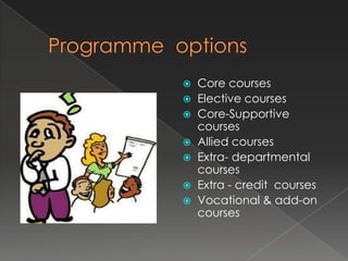    Core courses
   Elective courses
   Core-Supportive
    courses
   Allied courses
   Extra- departmental
    courses
   Extra - credit courses
   Vocational & add-on
    courses
 