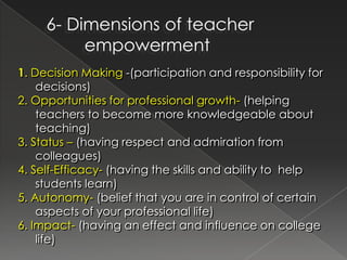 6- Dimensions of teacher
          empowerment
1. Decision Making -(participation and responsibility for
    decisions)
2. Opportunities for professional growth- (helping
    teachers to become more knowledgeable about
    teaching)
3. Status – (having respect and admiration from
    colleagues)
4. Self-Efficacy- (having the skills and ability to help
    students learn)
5. Autonomy- (belief that you are in control of certain
    aspects of your professional life)
6. Impact- (having an effect and influence on college
    life)
 