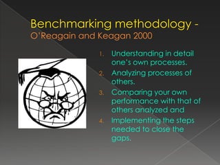 1.   Understanding in detail
     one’s own processes.
2.   Analyzing processes of
     others.
3.   Comparing your own
     performance with that of
     others analyzed and
4.   Implementing the steps
     needed to close the
     gaps.
 