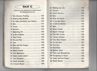 Sk冒漢音C
Predicting the Outcome of a Given Event
and Making lnference♀
1 The BananaPeeling ‥。‥言。‥‥ 128
2 He音ping Big B「other‥ …… 。‥ 129
3 So Many Brothers and Sisters"‥。 130
4 Nini。。‥。‥‥‥‥‥。‥。……。‥ 131
5 Trees…………。‥‥‥‥‥‥. 132
6 Recess‥‥。…………。‥‥。‥ 133
7 WatchingTV〃‥。…‥。‥‥。‥〃‥ 134
8 AGoodBuyer‥‥〃…‥ ‥‥〃‥ 135
9The Picn冒c ……………。‥‥ 136
10 FeandPuti…………‥。。‥‥ 137
11 」yn"〃………………。"‥‥〃 138
12 BenandthePuppy‥工。 〃‥。‥。‥ 139
13AtHome‥‥‥‥‥。……。。‥‥。 140
14 Nina,s P書ants ……‥。……。。‥ 141
15 The Matchbox ‥。……。‥。‥。。 142
16 Stop! Look! Listen! "‥…‥‥‥‥ 143
17 The Rainbow。‥。‥。‥。……‥。 144
18 Dead AnimaIs…………。…… 145
19 AGoodBuyer.。‥‥。………‥ 146
20 WakingUpLate ‥。‥。…………148
21 Tarzan。…………………….149
22 Lina s Saving ‥。…………….150
23 Ben……‥。‥‥‥‥‥‥‥ .‥‥151
24 Hide and Seek …………。……152
25 ASunday Mass‥。…… ……‥153
26 AG皿forMother。‥。‥。……。‥。154
27 MiIk 。‥‥‥‥‥。‥。……‥。‥‥155
28 Nita s Prayer‥。…………" ‥ 156
29 Raul s Change 。‥。。……‥。‥‥157
30 The Red Cross 。‥‥。…………158
31 Linda,s Mother …………。‥。‥159
32 HowMax Heiped ‥。……‥。‥‥160
33 On the Bus‥‥‥‥‥‥‥‥‥‥‥161
34The Pen 。‥。…………。・‥‥‥。162
35Bad Boys .…………。‥。‥‥。163
36 Be巾O s Goat .‥。……。‥‥。‥∴164
37 Flies and Mosquitoes 。‥。……‥165
38 Kangkong is Good ‥。‥‥。……166
39 Trees and the FIood ‥‥。‥。。‥‥167
40 Good Roads …………。‥‥。‥168
田
園
種
種
種
田
国
運
葵
⁝
 
