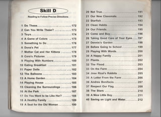 Sk雪看音D
Reading to Fo=ow Precise Directions
1 Do These‥。‥‥‥‥‥。、。……‥172
2 Can You Write These? 。‥.。。……173
3Toys‥言。‥。……‥。‥。……‥174
4 A Game ofCoIors 。…………‥。175
5 Somethingto Do‥‥。‥。……‥。176
6 Dona s Pet 。…………。……‥177
7 Mother Cat and He「 Kittens ‥。‥‥178
8 Cora,s Pictu「es .‥‥。‥。。……。179
9 PIaying With Numbers 。‥。……‥180
10 Eating Breakfast 。‥‥。……。‥‥181
11 Paper DoI音s。…………‥。‥ 。‥182
12 The Ba11oons……‥。‥。‥。言。‥183
13 A Home Garden………………184
14 Playing House 。‥。…………‥。185
15 CIeaning the Surroundings ‥。‥‥1.86
16Atthe Park ……。‥。。……。‥。187
17 Do You Wantto be Like Her? ‥。‥。188
18 AHeaItllyFami看y 。‥。……。‥‥。189
19 ASeatfortheOldWoman。。‥。‥‥1.90
20 Not True………‥̲,臆臆 臆つ.191
21 Our New CIas8mきt●.‥‑ ‑ ̲̲‥192
22 Starfish……… 書 手J……….193
23 Ciean Hablt'…‥.‥.…………194
24 Our Frlend8‥‥.‥‥‥‥‥‥‥.‥195
25 Comeand Buy………‥。……。196
26鴫king Good Care of You「 Eyes‥‥197
27 Dennis s Garden………。……。198
28 Before Going to School,‥。‥。.‥。199
29 PIaying With Words。‥‥。。……‥200
30 AHappyFamily‥。…………‥。201
31 PIants‥‥。‥。……。‥‥‥‥‥。。202
32 The FIood‥‥‥‥‥言。‥‥。‥。‥203
33 On the Farm….。‥。‥。‥‥。‥。‥204
34 Jose RizaI,s Rabbits … …… … ‥205
35 A Letter From the Farm ……。‥‥206
36 Andres Bonifacio。‥‥.‥‥‥.‥‥207
37 Respect Our Flag…………。….208
38The Stars ………。…………。210
39 ANiceLittieBoy。………‥。‥。‥211
40 Saving on Light and Water..‥ 。‥ ‥212
 