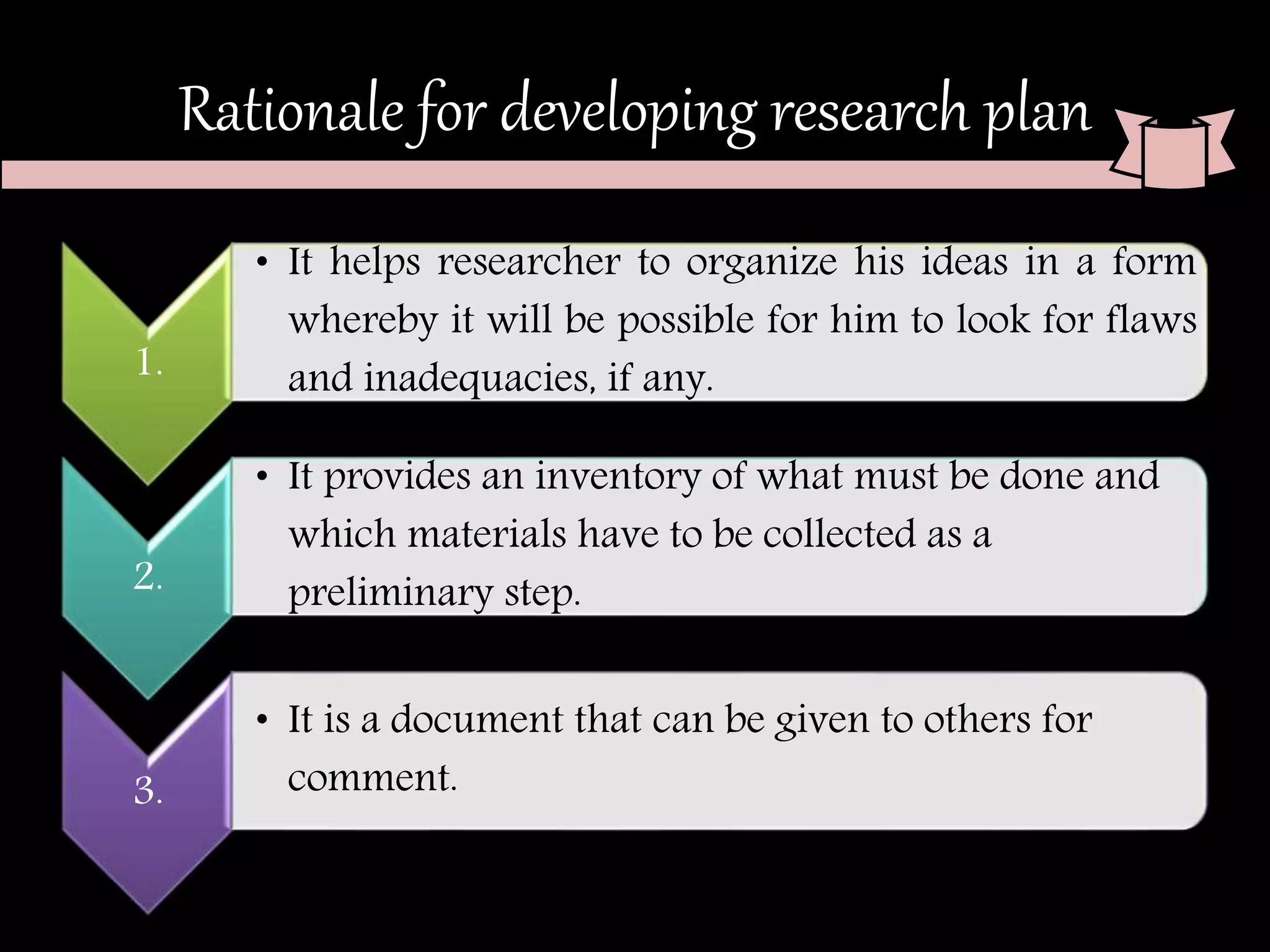 Rationale for developing research plan
1.
• It helps researcher to organize his ideas in a form
whereby it will be possible for him to look for flaws
and inadequacies, if any.
2.
• It provides an inventory of what must be done and
which materials have to be collected as a
preliminary step.
3.
• It is a document that can be given to others for
comment.
 