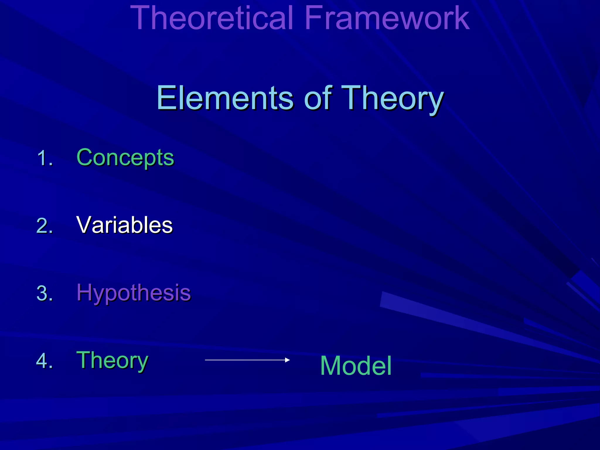Theoretical Framework
Elements of Theory
1.

Concepts

2.

Variables

3.

Hypothesis

4.

Theory

Model

 
