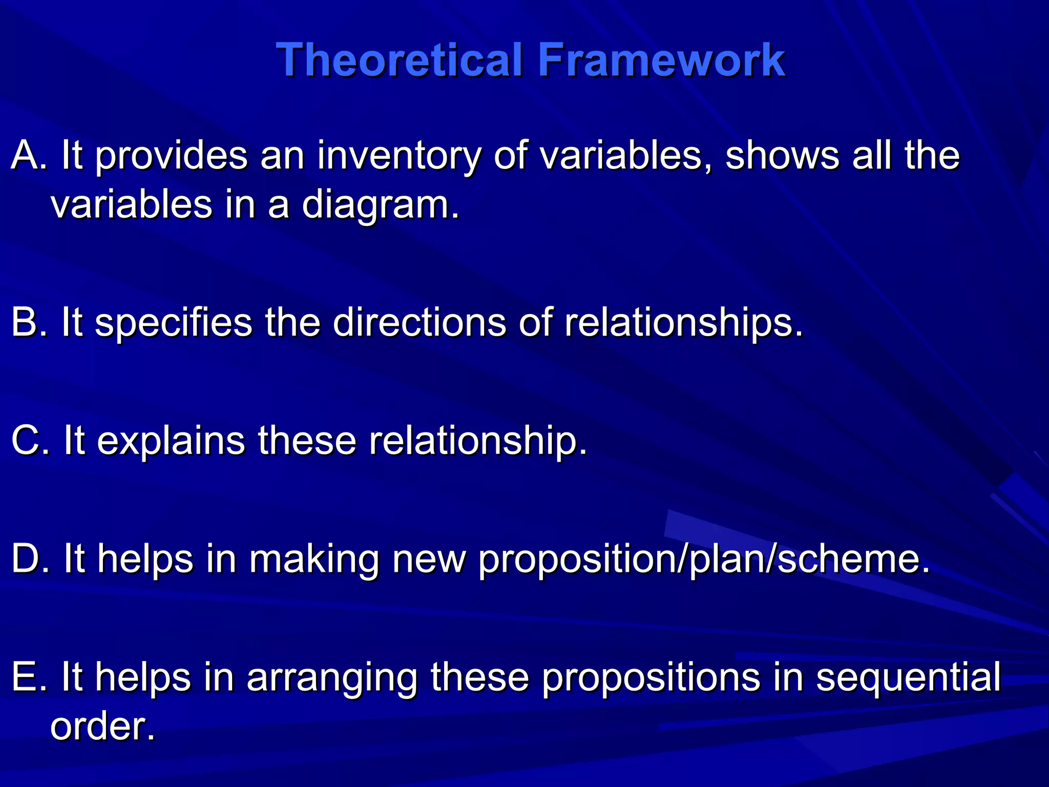 Theoretical Framework
A. It provides an inventory of variables, shows all the
variables in a diagram.
B. It specifies the directions of relationships.
C. It explains these relationship.
D. It helps in making new proposition/plan/scheme.
E. It helps in arranging these propositions in sequential
order.

 