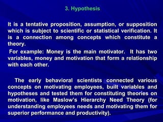 3. Hypothesis
It is a tentative proposition, assumption, or supposition
which is subject to scientific or statistical verification. It
is a connection among concepts which constitute a
theory.
For example: Money is the main motivator. It has two
variables, money and motivation that form a relationship
with each other.
The early behavioral scientists connected various
concepts on motivating employees, built variables and
hypotheses and tested them for constituting theories on
motivation, like Maslow’s Hierarchy Need Theory (for
understanding employees needs and motivating them for
superior performance and productivity).

 
