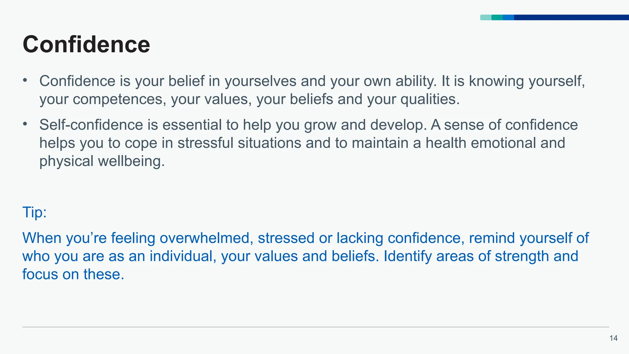 14
Confidence
• Confidence is your belief in yourselves and your own ability. It is knowing yourself,
your competences, your values, your beliefs and your qualities.
• Self-confidence is essential to help you grow and develop. A sense of confidence
helps you to cope in stressful situations and to maintain a health emotional and
physical wellbeing.
Tip:
When you’re feeling overwhelmed, stressed or lacking confidence, remind yourself of
who you are as an individual, your values and beliefs. Identify areas of strength and
focus on these.
 