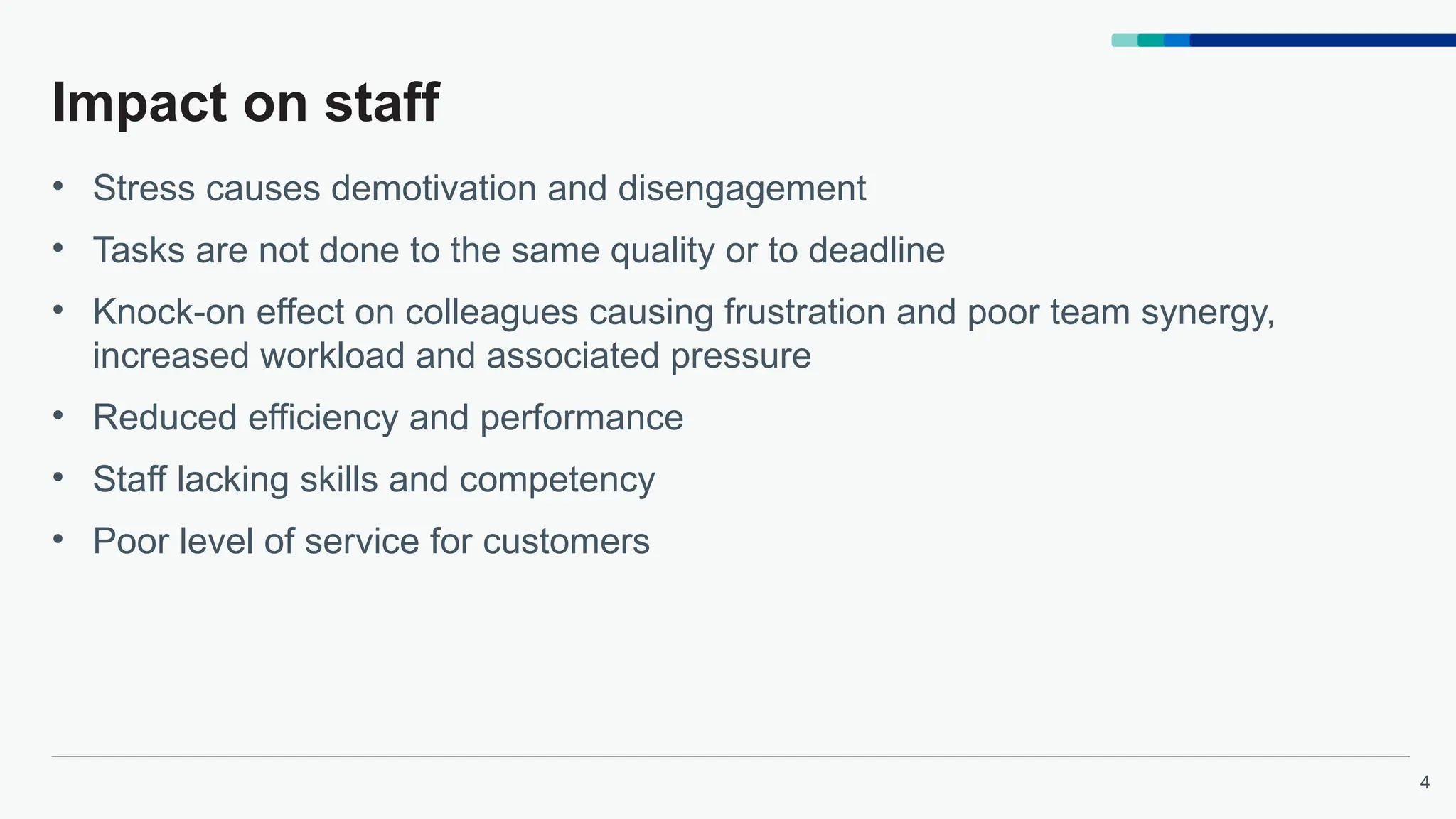 4
Impact on staff
• Stress causes demotivation and disengagement
• Tasks are not done to the same quality or to deadline
• Knock-on effect on colleagues causing frustration and poor team synergy,
increased workload and associated pressure
• Reduced efficiency and performance
• Staff lacking skills and competency
• Poor level of service for customers
 