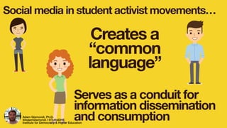 Social media in student activist movements…
Serves as a conduit for
information dissemination
and consumption
Creates a
“common
language”
Adam Gismondi, Ph.D.
@AdamGismondi / @TuftsIDHE
Institute for Democracy & Higher Education
 