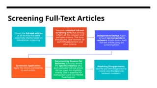 Screening Full-Text Articles
Obtain the full-text articles
of all records that were
potentially eligible based on
title/abstract screening.
Develop a detailed full-text
screening form that directly
reflects all the inclusion and
exclusion criteria. This form
should have clear sections for
each PICO(S) element and
other criteria.
Independent Review: Again,
at least two independent
reviewers should assess each
full-text article using the
screening form.
Systematic Application:
Apply the criteria consistently
to each article.
Documenting Reasons for
Exclusion: Crucially, record
the specific reason(s) why
each excluded full-text article
did not meet the eligibility
criteria. This is essential for
transparency and the PRISMA
flow diagram.
Resolving Disagreements:
Use the pre-defined process to
resolve any discrepancies
between reviewers.
 