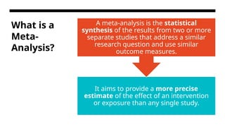 What is a
Meta-
Analysis?
It aims to provide a more precise
estimate of the effect of an intervention
or exposure than any single study.
A meta-analysis is the statistical
synthesis of the results from two or more
separate studies that address a similar
research question and use similar
outcome measures.
 