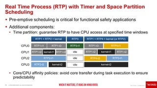 12 © 2018 WIND RIVER. ALL RIGHTS RESERVED.
Real Time Process (RTP) with Timer and Space Partition
Scheduling
 Pre-emptive scheduling is critical for functional safety applications
 Additional components:
• Time partition: guarantee RTP to have CPU access at specified time windows
• Core/CPU affinity policies: avoid core transfer during task execution to ensure
predictability
RTP1 + RTP2 + kernel RTP3 RTP1 + RTP4 + kernel (or RTP2)
RTP1-t1 RTP1-t3
RTP1-t2 RTP1-t2
RTP2-t1
kernel-t1
CPU0
CPU1
CPU2
RTP2-t2CPU3 kernel-t2
RTP3-t1
idle
idle
idle
RTP1-t3 RTP4-t1
RTP1-t2 RTP1-t2kernel-t1
RTP4-t2
kernel-t2
RTP2-t1
 