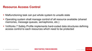 13 © 2018 WIND RIVER. ALL RIGHTS RESERVED.
Resource Access Control
 Malfunctioning task can put whole system to unsafe state
 Operating system shall manage control of all resource available (shared
memories, message queues, semaphores, etc.)
 VxWorks 7 Safety Profile implements hard-coded data structures defining
access control to each resources which need to be protected
 