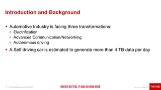 3 © 2018 WIND RIVER. ALL RIGHTS RESERVED.
Introduction and Background
 Automotive Industry is facing three transformations:
• Electrification
• Advanced Communication/Networking
• Autonomous driving
 A Self driving car is estimated to generate more than 4 TB data per day
 