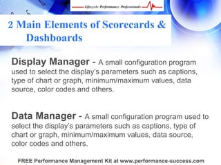2 Main Elements of Scorecards &
   Dashboards

Display Manager - A small configuration program
used to select the display’s parameters such as captions,
type of chart or graph, minimum/maximum values, data
source, color codes and others.


Data Manager - A small configuration program used to
select the display’s parameters such as captions, type of
chart or graph, minimum/maximum values, data source,
color codes and others.

 FREE Performance Management Kit at www.performance-success.com
 