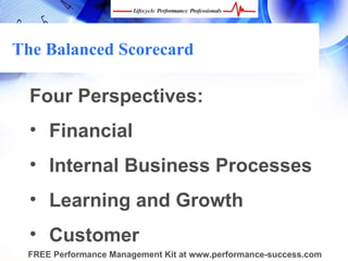 The Balanced Scorecard

  Four Perspectives:
  • Financial
  • Internal Business Processes
  • Learning and Growth
  • Customer
 FREE Performance Management Kit at www.performance-success.com
 