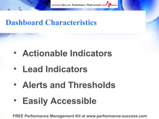 Dashboard Characteristics


  • Actionable Indicators
  • Lead Indicators
  • Alerts and Thresholds
  • Easily Accessible
 FREE Performance Management Kit at www.performance-success.com
 