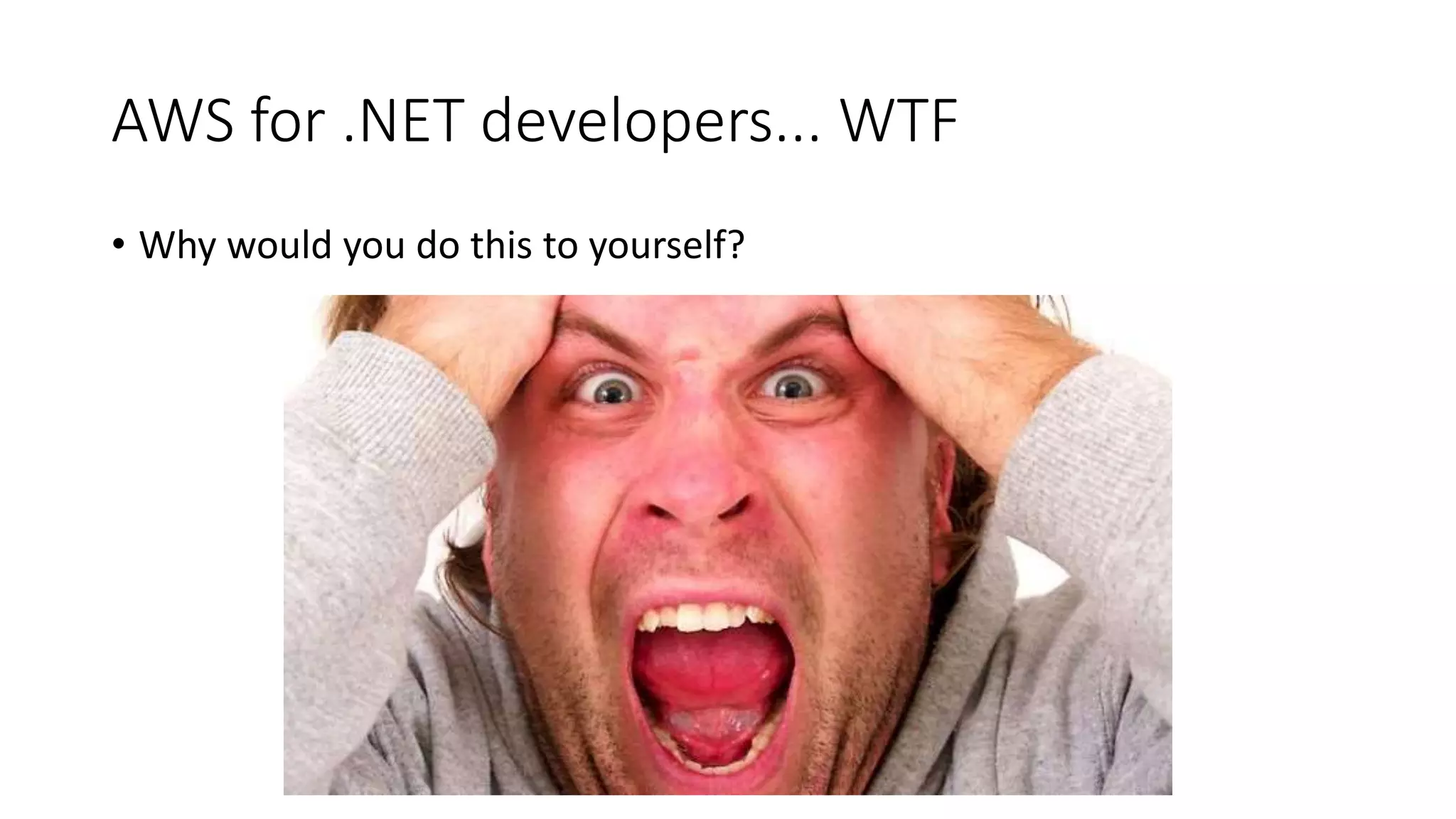AWS for .NET developers... WTF
• Why would you do this to yourself?
 