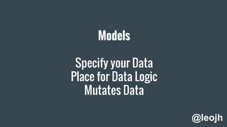 Models
Specify your Data
Place for Data Logic
Mutates Data
@leojh
 