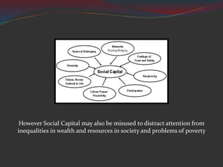However Social Capital may also be misused to distract attention from
inequalities in wealth and resources in society and problems of poverty
 