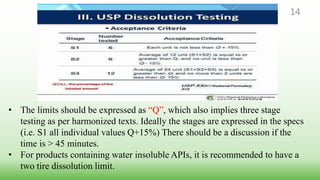 14
• The limits should be expressed as “Q”, which also implies three stage
testing as per harmonized texts. Ideally the stages are expressed in the specs
(i.e. S1 all individual values Q+15%) There should be a discussion if the
time is > 45 minutes.
• For products containing water insoluble APIs, it is recommended to have a
two tire dissolution limit.
 