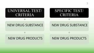 UNIVERSAL TEST/
CRITERIA
NEW DRUG SUBSTANCE
NEW DRUG PRODUCTS
SPECIFIC TEST/
CRITERIA
NEW DRUG SUBSTANCE
NEW DRUG PRODUCTS
7
 
