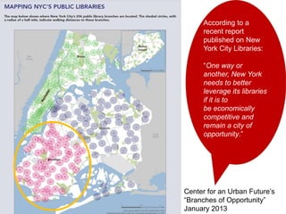 According to a
     recent report
     published on New
     York City Libraries:

     “One way or
     another, New York
     needs to better
     leverage its libraries
     if it is to
     be economically
     competitive and
     remain a city of
     opportunity.”




Center for an Urban Future’s
“Branches of Opportunity”
January 2013
 