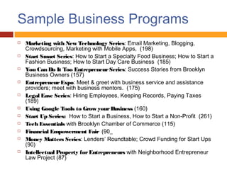 Sample Business Programs
   Marketing with New Technology Series: Email Marketing, Blogging,
    Crowdsourcing, Marketing with Mobile Apps, (198)
   Start Smart Series: How to Start a Specialty Food Business; How to Start a
    Fashion Business; How to Start Day Care Business (185)
   You Can Do It Too Entrepreneur Series: Success Stories from Brooklyn
    Business Owners (157)
   Entrepreneur Expo: Meet & greet with business service and assistance
    providers; meet with business mentors. (175)
   Legal Ease Series: Hiring Employees, Keeping Records, Paying Taxes
    (189)
   Using Google Tools to Grow your Business (160)
   Start Up Series: How to Start a Business, How to Start a Non-Profit (261)
   Tech Essentials with Brooklyn Chamber of Commerce (115)
   Financial Empowerment Fair (90_
   Money Matters Series: Lenders’ Roundtable; Crowd Funding for Start Ups
    (90)
   Intellectual Property for Entrepreneurs with Neighborhood Entrepreneur
    Law Project (87)
 