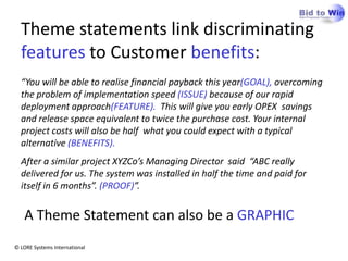 Theme statements link discriminating
  features to Customer benefits:
  “You will be able to realise financial payback this year(GOAL), overcoming
  the problem of implementation speed (ISSUE) because of our rapid
  deployment approach(FEATURE). This will give you early OPEX savings
  and release space equivalent to twice the purchase cost. Your internal
  project costs will also be half what you could expect with a typical
  alternative (BENEFITS).
  After a similar project XYZCo’s Managing Director said “ABC really
  delivered for us. The system was installed in half the time and paid for
  itself in 6 months”. (PROOF)”.


   A Theme Statement can also be a GRAPHIC
© LORE Systems International
 