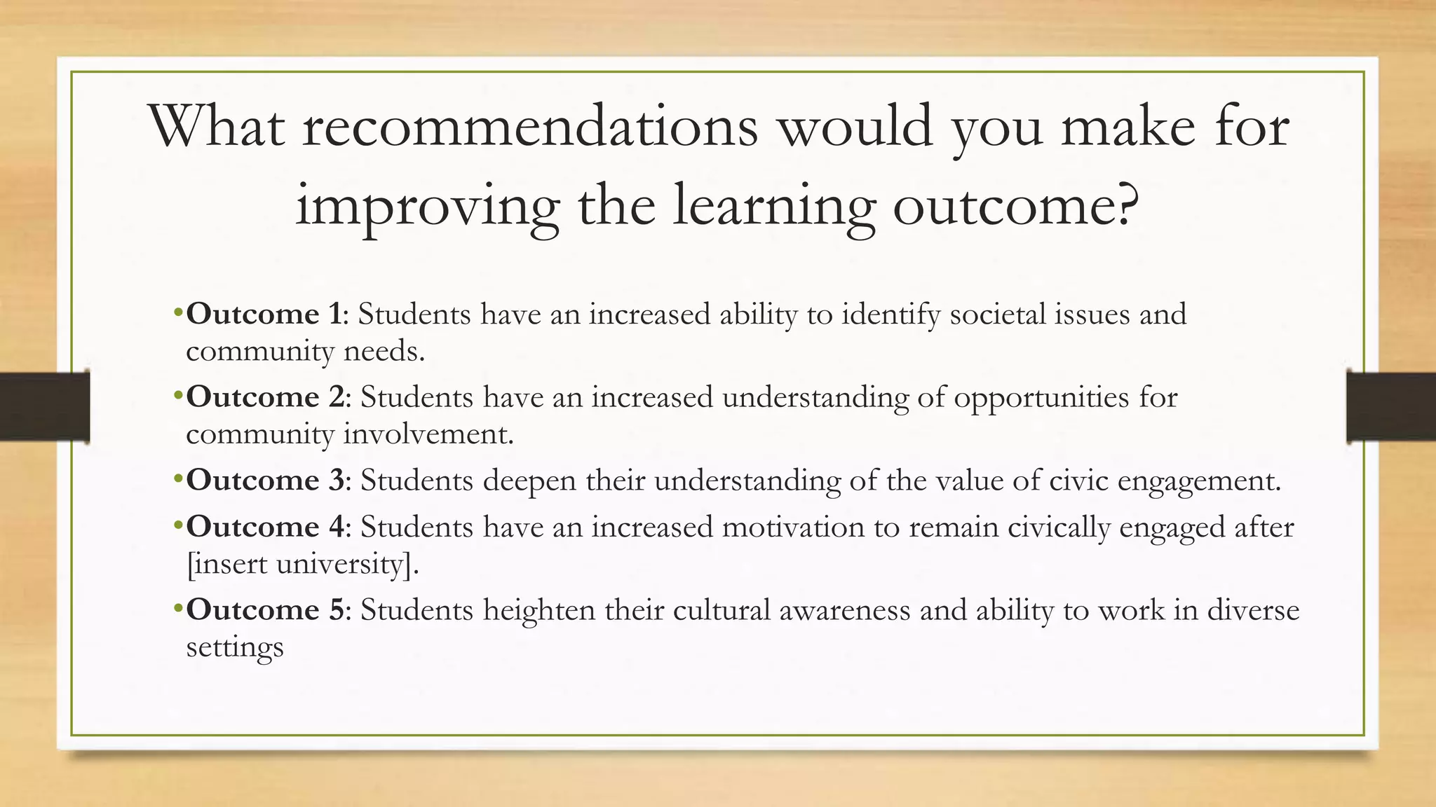 What recommendations would you make for
improving the learning outcome?
•Outcome 1: Students have an increased ability to identify societal issues and
community needs.
•Outcome 2: Students have an increased understanding of opportunities for
community involvement.
•Outcome 3: Students deepen their understanding of the value of civic engagement.
•Outcome 4: Students have an increased motivation to remain civically engaged after
[insert university].
•Outcome 5: Students heighten their cultural awareness and ability to work in diverse
settings
 