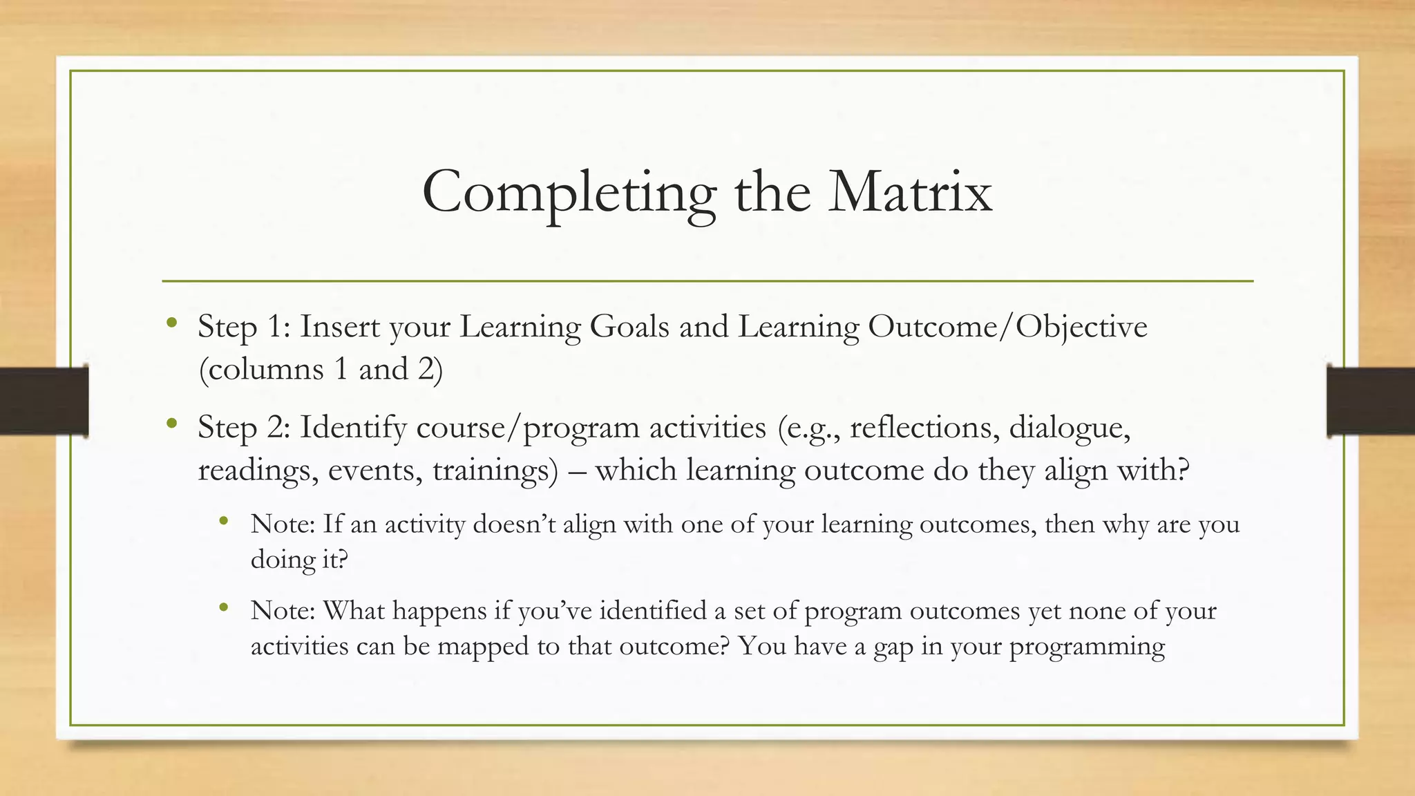Completing the Matrix
• Step 1: Insert your Learning Goals and Learning Outcome/Objective
(columns 1 and 2)
• Step 2: Identify course/program activities (e.g., reflections, dialogue,
readings, events, trainings) – which learning outcome do they align with?
• Note: If an activity doesn’t align with one of your learning outcomes, then why are you
doing it?
• Note: What happens if you’ve identified a set of program outcomes yet none of your
activities can be mapped to that outcome? You have a gap in your programming
 