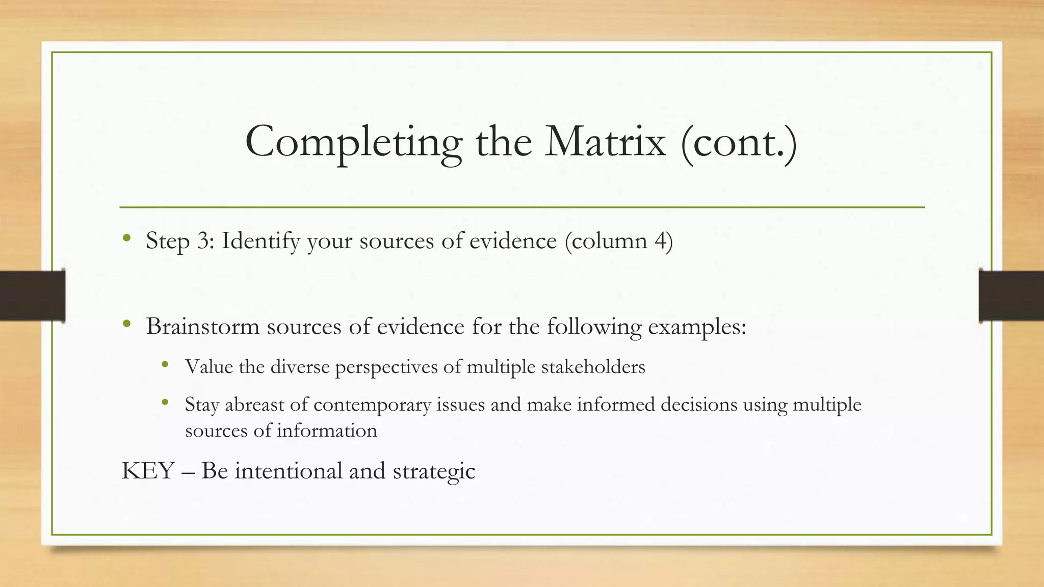 Completing the Matrix (cont.)
• Step 3: Identify your sources of evidence (column 4)
• Brainstorm sources of evidence for the following examples:
• Value the diverse perspectives of multiple stakeholders
• Stay abreast of contemporary issues and make informed decisions using multiple
sources of information
KEY – Be intentional and strategic
 