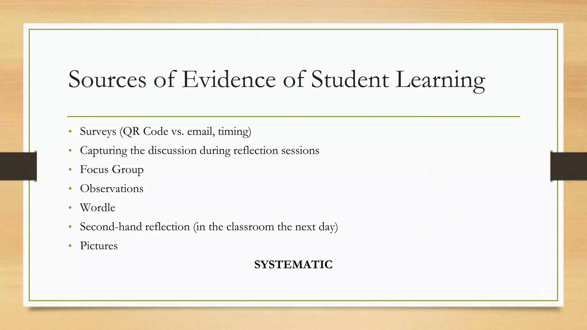 Sources of Evidence of Student Learning
• Surveys (QR Code vs. email, timing)
• Capturing the discussion during reflection sessions
• Focus Group
• Observations
• Wordle
• Second-hand reflection (in the classroom the next day)
• Pictures
SYSTEMATIC
 