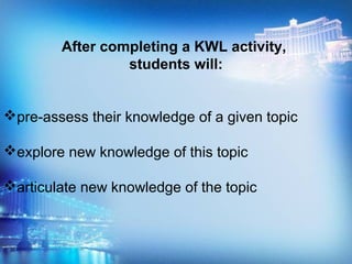 After completing a KWL activity,
students will:
pre-assess their knowledge of a given topic
explore new knowledge of this topic
articulate new knowledge of the topic
 