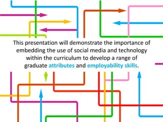 This presentation will demonstrate the importance of
embedding the use of social media and technology
within the curriculum to develop a range of
graduate attributes and employability skills.
 