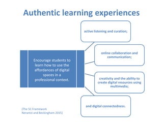 Authentic learning experiences
active listening and curation;
online collaboration and
communication;
creativity and the ability to
create digital resources using
multimedia;
and digital connectedness.
Encourage students to
learn how to use the
affordances of digital
spaces in a
professional context.
(The 5C Framework
Nerantzi and Beckingham 2015)
 