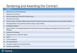 Tendering and Awarding the Contract
Chapter 6
1 Where We are in the Project Cycle
2 Objectives of this Phase
3 Special Characteristics of the PPP Tender Process
4 Overview of the Phase
5 Time to Prepare and Submit Offers: Requirements for Proper Assessment and Preparation by the Prospective Bidders
6 Managing Matters during the Bid Submission Stage in Open Tenders
7 Qualification Matters
8 Specific Matters on Managing Dialogue and Interactive Processes: Managing the Dialogue Period and One-on-One
Meetings
9 Evaluation of Proposals
10 Negotiation with a “Preferred” Bidder
11 Award
12 Contract Signature
13 The Financial Close
14 Oversight / Integrity of the Tender Process
15 Outcomes of this Phase
 