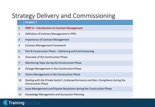 Strategy Delivery and Commissioning
Chapter 7
1 PART A – Introduction to Contract Management
2 Definition of Contract Management in PPPs
3 Importance of Contract Management
4 Contract Management Framework
5 Part B Construction Phase – Delivering and Commissioning
6 Overview of the Construction Phase
7 Monitoring Tasks during the Construction Phase
8 Change Management in the Construction Phase
9 Claims Management in the Construction Phase
10 Dealing with the Private Sector’s Underperformance and Non- Compliance during the
Construction Phase
11 Issue Management and Dispute Resolution during the Construction Phase
12 Knowledge Management and Succession Planning
 