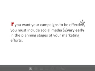 If you want your campaigns to be effective,
you must include social media very early
in the planning stages of your marketing
efforts.
 