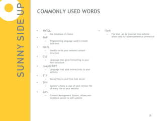 COMMONLY USED WORDS MYSQL  Our database of choice PHP Programming language used to create back-end HMTL Used to write your website content structure CSS Language that gives formatting to your html structure JAVASCRIPT Language that adds interactivity to your website FTP Moves files to and from host server SVN System to keep a copy of each version file of every file on your website CMS Content Management System, allows non-technical person to edit website Flash File that can be inserted into website –often used for advertisement or animation 