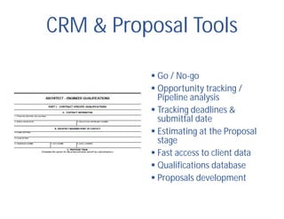 CRM & Proposal Tools
 Go / No-go
 Opportunity tracking /
Pipeline analysis
 Tracking deadlines &
submittal date
 Estimating at the Proposal
stage
 Fast access to client data
 Qualifications database
 Proposals development
 