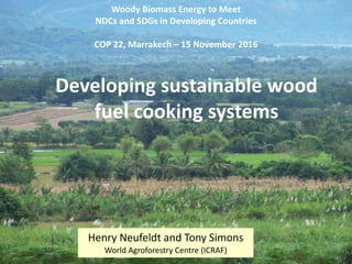 Developing	sustainable	wood	
fuel	cooking	systems
Woody	Biomass	Energy	to	Meet	
NDCs	and	SDGs	in	Developing	Countries
COP	22,	Marrakech	– 15	November	2016
Henry	Neufeldt	and	Tony	Simons	
World	Agroforestry	Centre	(ICRAF)
 