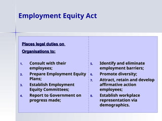 Employment Equity Act
1.
1. Consult with their
Consult with their
employees;
employees;
2.
2. Prepare Employment Equity
Prepare Employment Equity
Plans;
Plans;
3.
3. Establish Employment
Establish Employment
Equity Committees;
Equity Committees;
4.
4. Report to Government on
Report to Government on
progress made;
progress made;
5.
5. Identify and eliminate
Identify and eliminate
employment barriers;
employment barriers;
6.
6. Promote diversity;
Promote diversity;
7.
7. Attract, retain and develop
Attract, retain and develop
affirmative action
affirmative action
employees;
employees;
8.
8. Establish workplace
Establish workplace
representation via
representation via
demographics.
demographics.
Places legal duties on
Places legal duties on
Organisations to:
Organisations to:
 